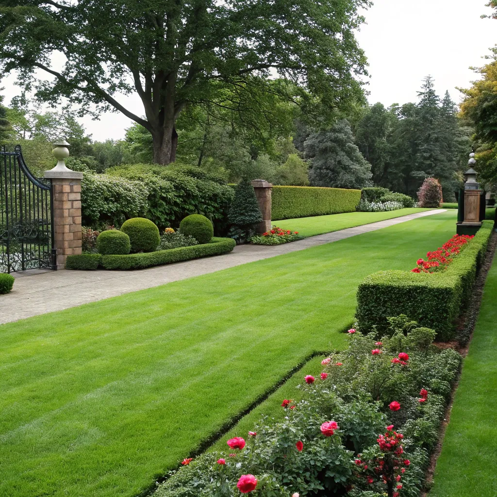 A beautifully manicured green lawn and landscape